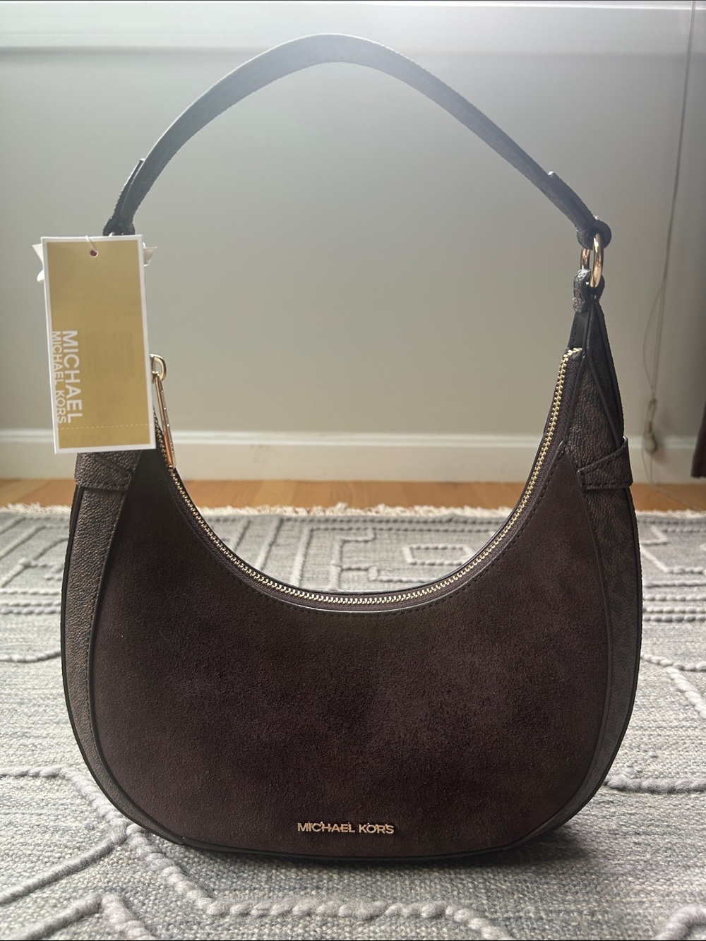 Michael Kors Preston Dark Chocolate Brown Suede & Leather Hobo Shoulder Bag- NWT